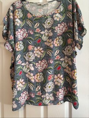 LOFT Floral Short Sleeve Blouse in Blue and Pink